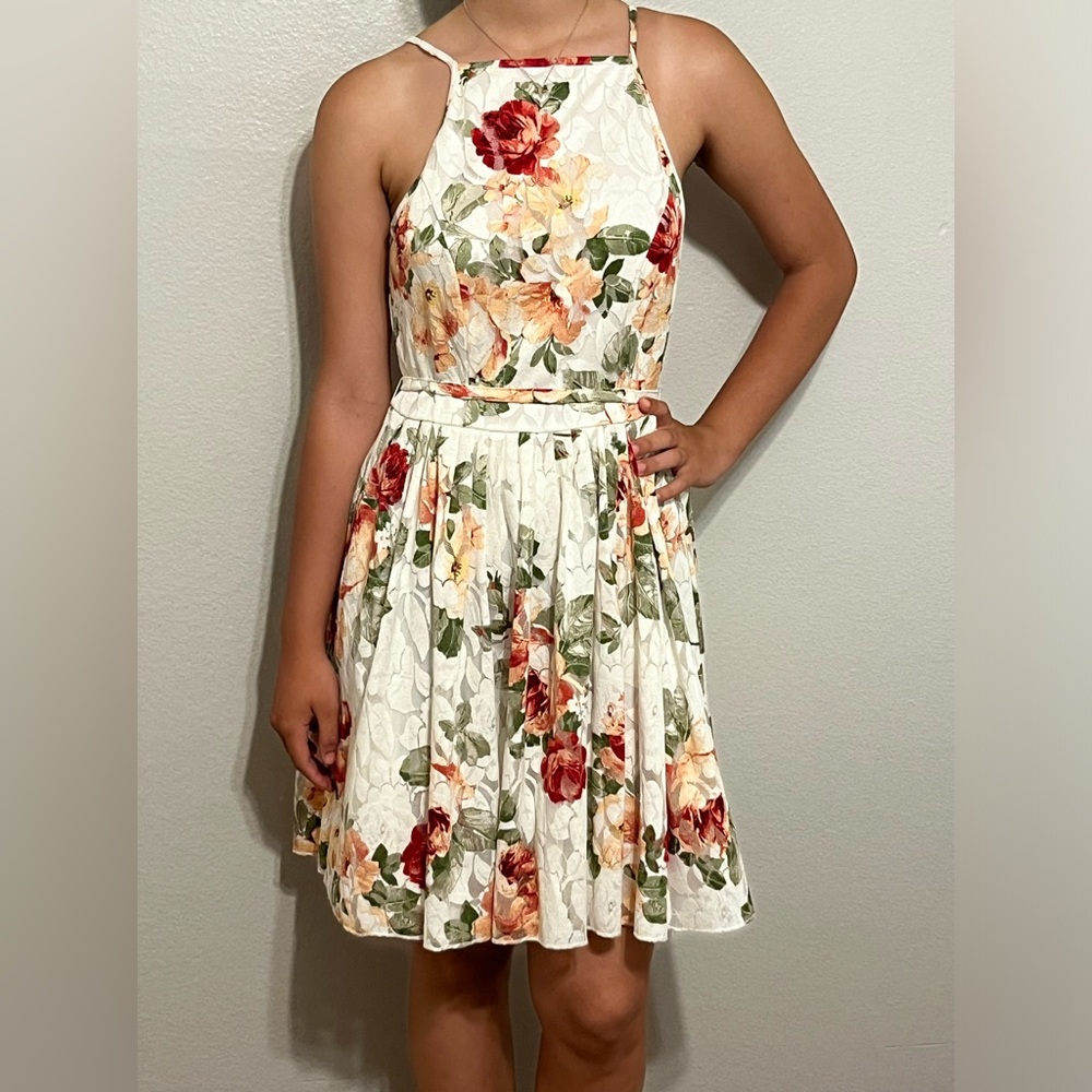 Beautiful dress, elegant, fabric decorated with colorful flowers